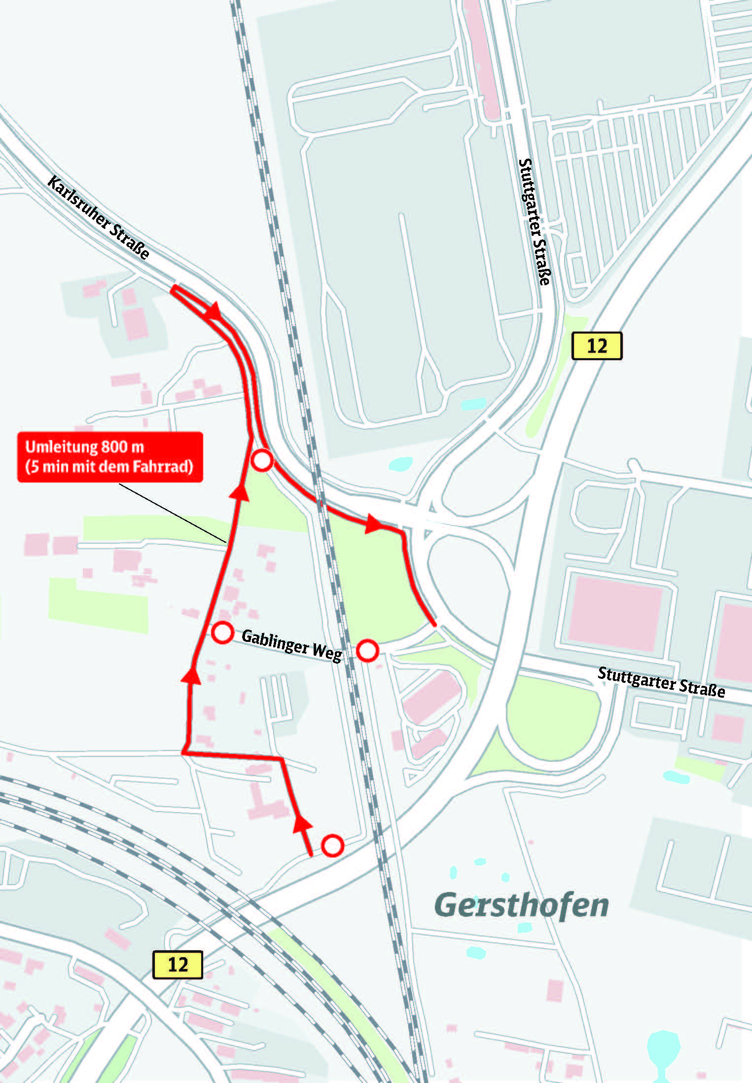 Karte Umleitung: Sperrung Gaiblinger Weg Augsburg.